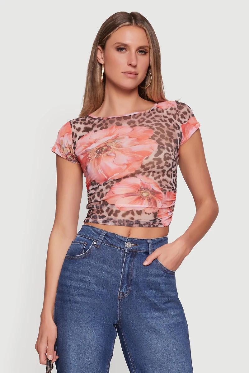 Floral Mesh Ruched Side Crop Top