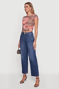 Floral Mesh Ruched Side Crop Top