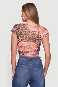 Floral Mesh Ruched Side Crop Top