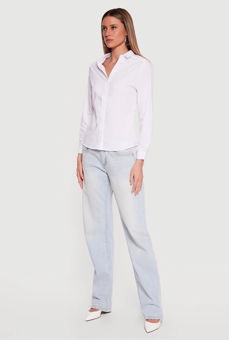 Long Sleeve Button Front Poplin Shirt