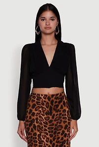 Womens Chiffon Bubble Sleeve Cropped Corset Top, Black, Size S