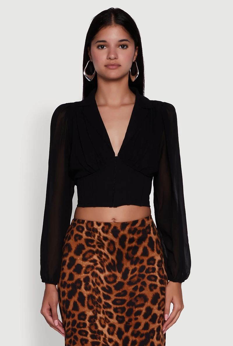 Womens Chiffon Bubble Sleeve Cropped Corset Top,