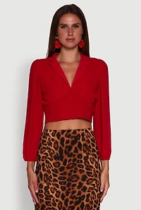 Womens Chiffon Bubble Sleeve Cropped Corset Top, Red, Size M