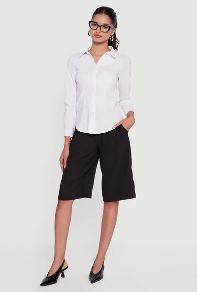 Womens Long Sleeve Basic Button Front Shirt, White, Size S