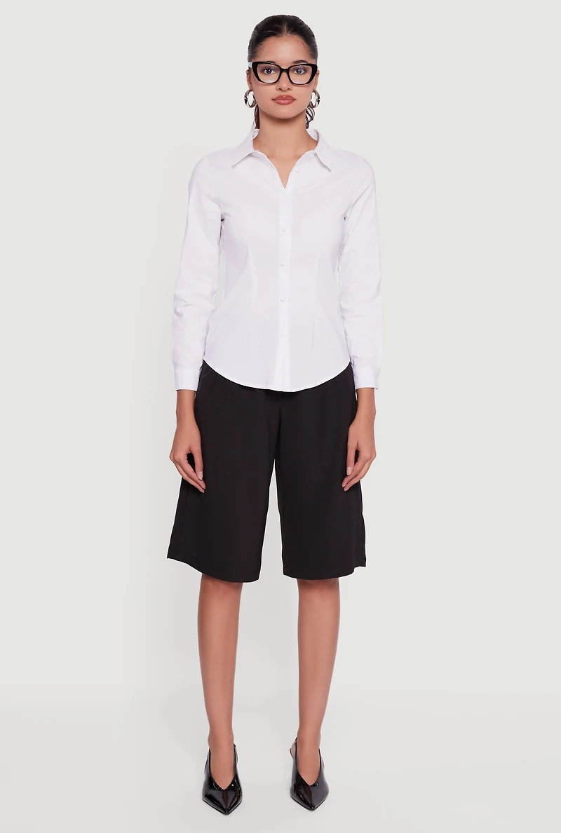 Womens Long Sleeve Basic Button Front Shirt, White, Size S