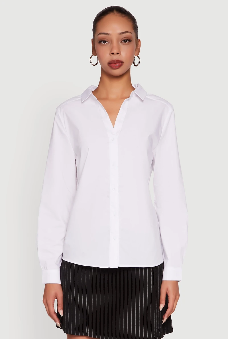 Womens Button Front Classic Fit Long Sleeve Shirt, White, Size S