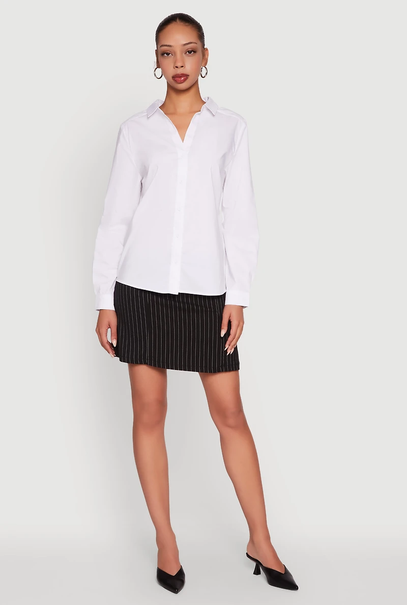 Womens Button Front Classic Fit Long Sleeve Shirt, White, Size S