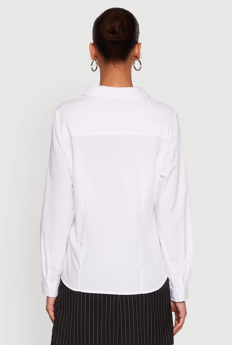 Womens Button Front Classic Fit Long Sleeve Shirt, White, Size S