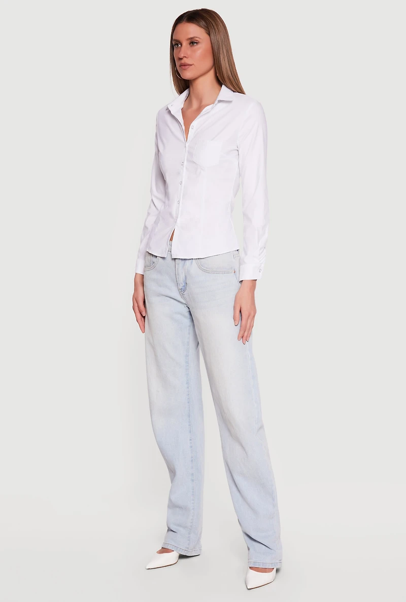 Long Sleeve Collared Button Front Shirt