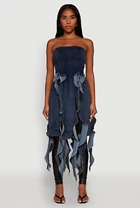 Womens Ruffle Fringe Strapless Denim Maxi Top, Blue, Size S