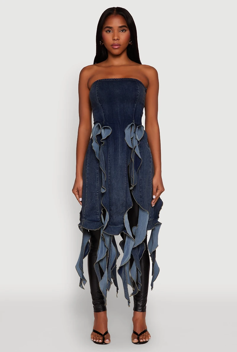 Womens Ruffle Fringe Strapless Denim Maxi Top, Blue, Size M