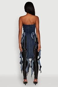 Womens Ruffle Fringe Strapless Denim Maxi Top, Blue, Size S