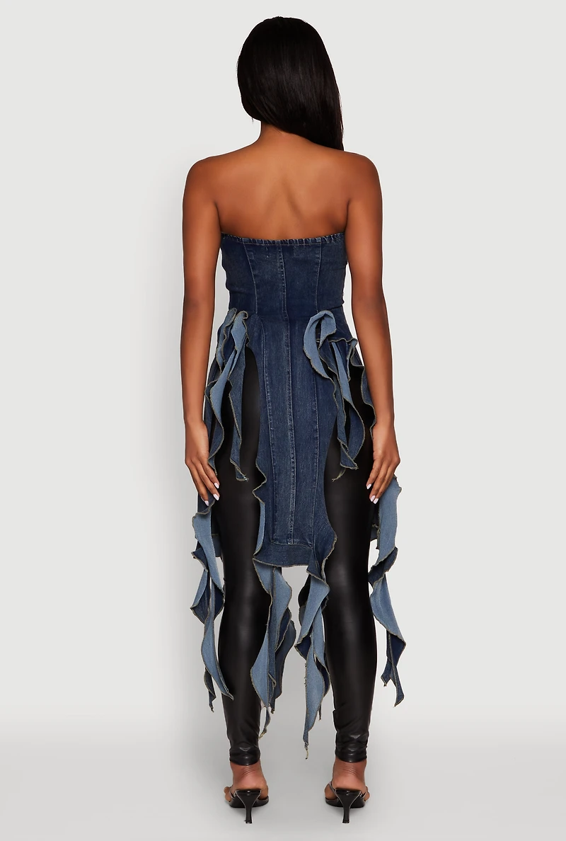 Womens Ruffle Fringe Strapless Denim Maxi Top, Blue, Size M