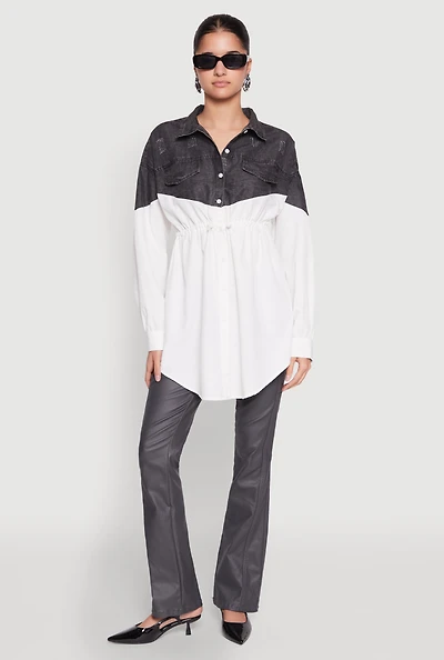 Denim Detail Distressed Tunic Shirt