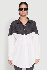 Womens Denim Detail Distressed Tunic Shirt, White,