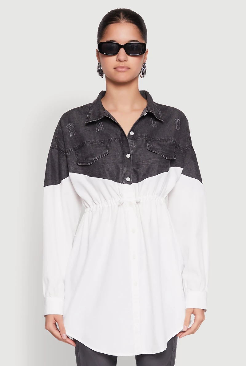 Womens Denim Detail Distressed Tunic Shirt, White, Size S