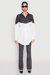Womens Denim Detail Distressed Tunic Shirt, White,