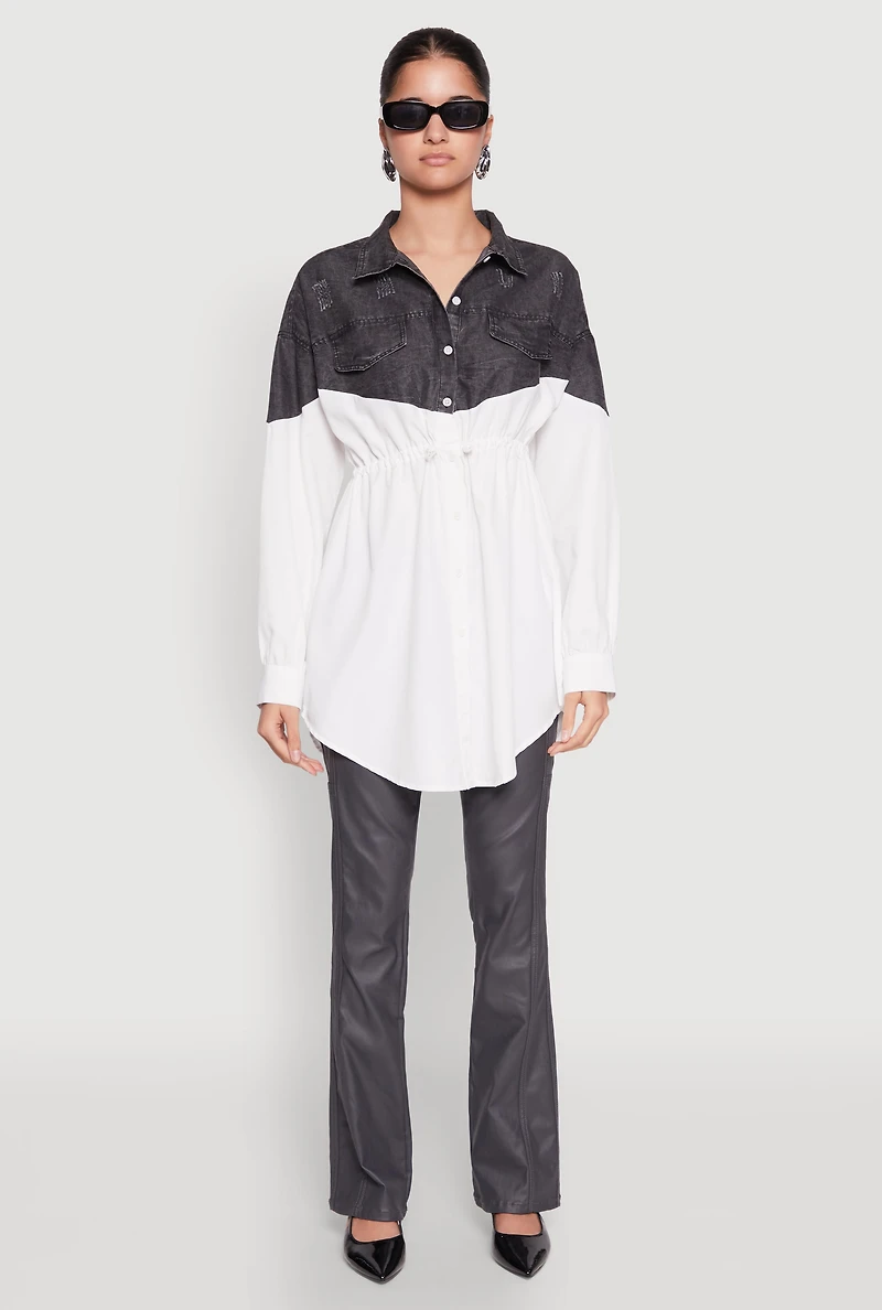 Womens Denim Detail Distressed Tunic Shirt, White, Size M