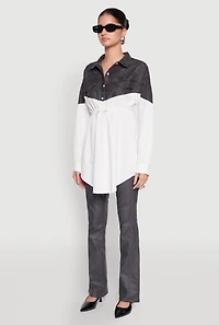 Womens Denim Detail Distressed Tunic Shirt, White,