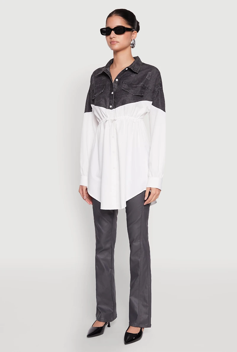 Denim Detail Distressed Tunic Shirt