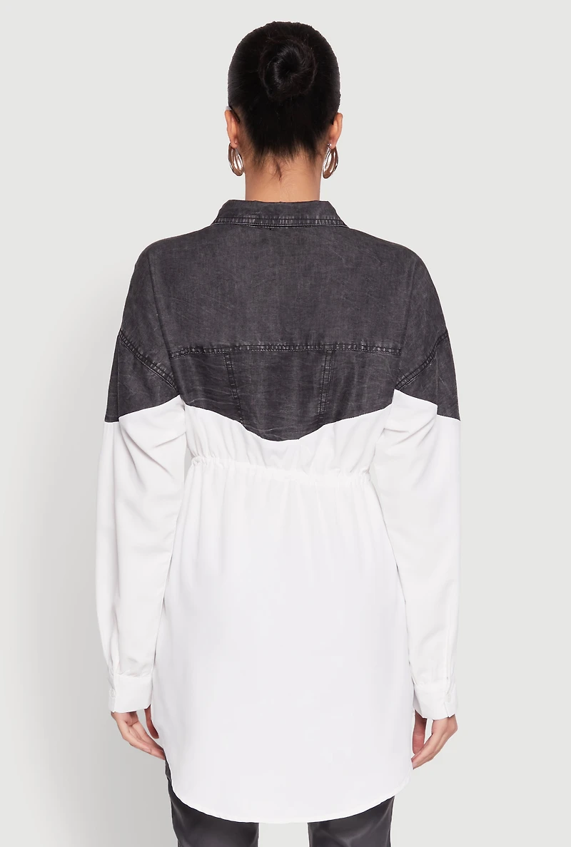 Womens Denim Detail Distressed Tunic Shirt, White, Size S