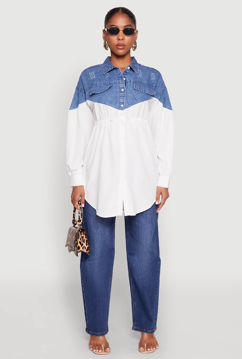 Denim Detail Distressed Tunic Shirt
