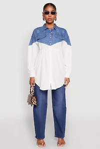 Denim Detail Distressed Tunic Shirt