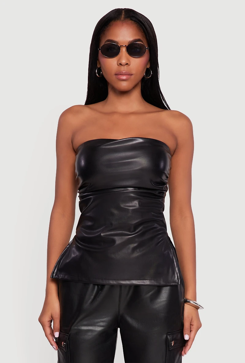 Womens Faux Leather Side Ruched Side Slit Tube Top, Black, Size M