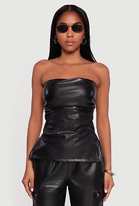 Womens Faux Leather Side Ruched Side Slit Tube Top, Black, Size M