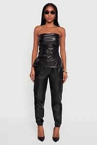 Faux Leather Side Ruched Slit Tube Top