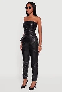 Womens Faux Leather Side Ruched Side Slit Tube Top, Black, Size M