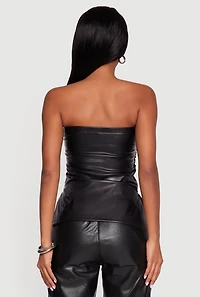 Womens Faux Leather Side Ruched Side Slit Tube Top, Black, Size M