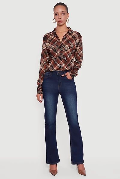 Womens Long Sleeve Mock Neck Plaid Button Front Cropped Shirt, Brown, Size L
