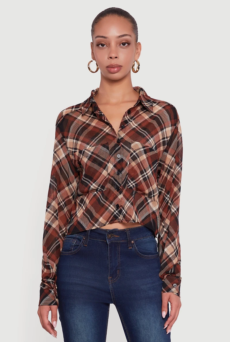 Womens Long Sleeve Mock Neck Plaid Button Front Cropped Shirt, Brown, Size L