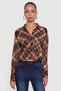 Womens Long Sleeve Mock Neck Plaid Button Front Cropped Shirt, Brown, Size L