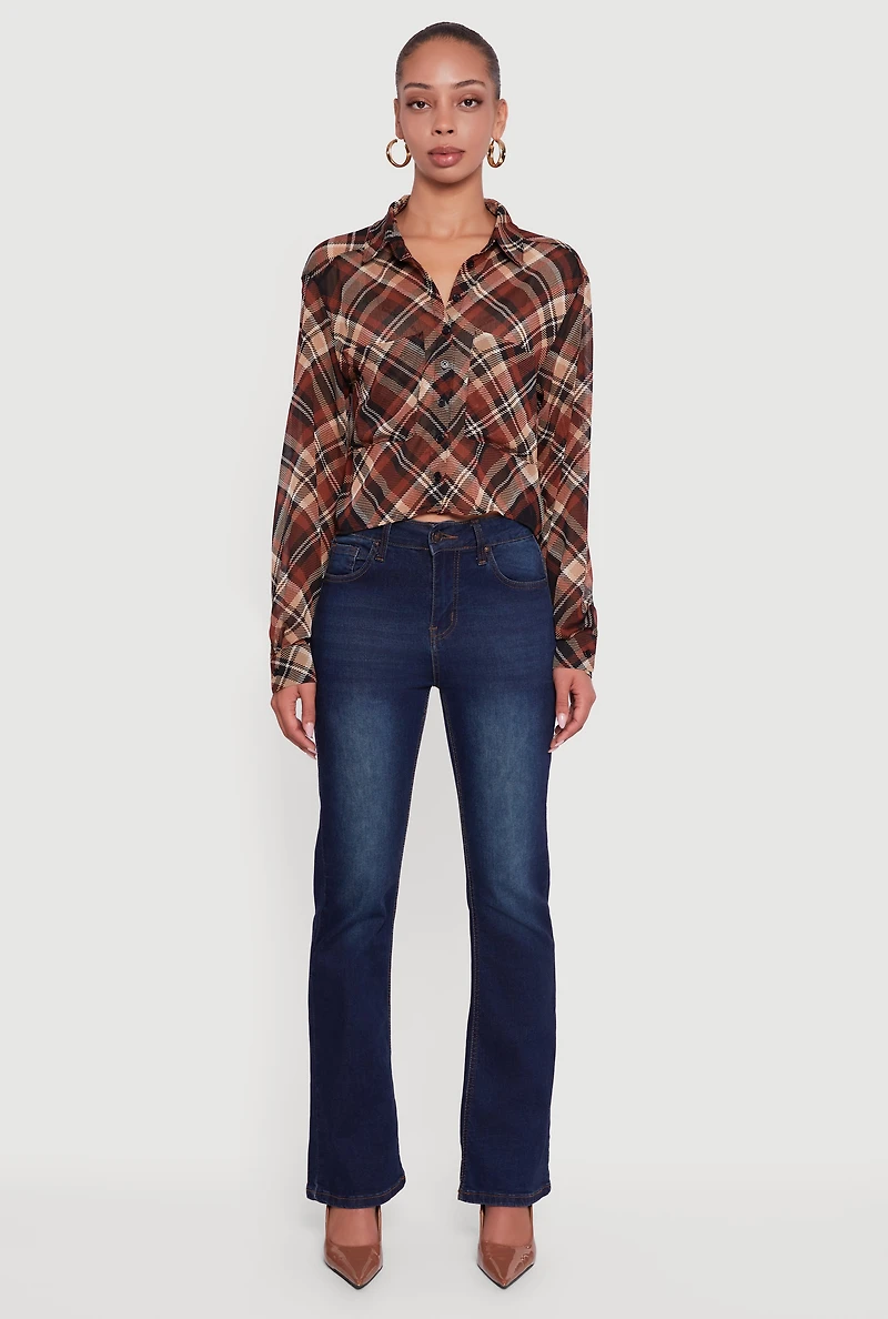 Womens Long Sleeve Mock Neck Plaid Button Front Cropped Shirt, Brown, Size L