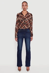 Womens Long Sleeve Mock Neck Plaid Button Front Cropped Shirt, Brown, Size L