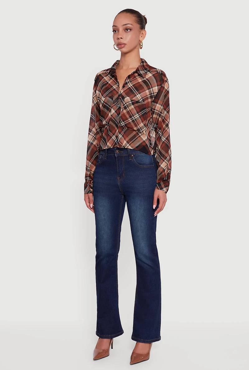Womens Long Sleeve Mock Neck Plaid Button Front Cropped Shirt, Brown, Size L