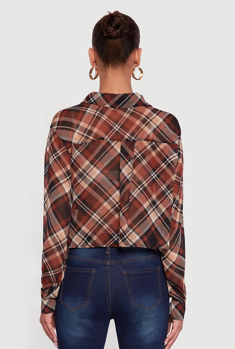 Womens Long Sleeve Mock Neck Plaid Button Front Cropped Shirt, Brown, Size L
