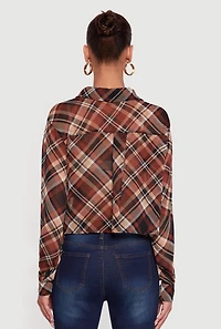 Womens Long Sleeve Mock Neck Plaid Button Front Cropped Shirt, Brown, Size L