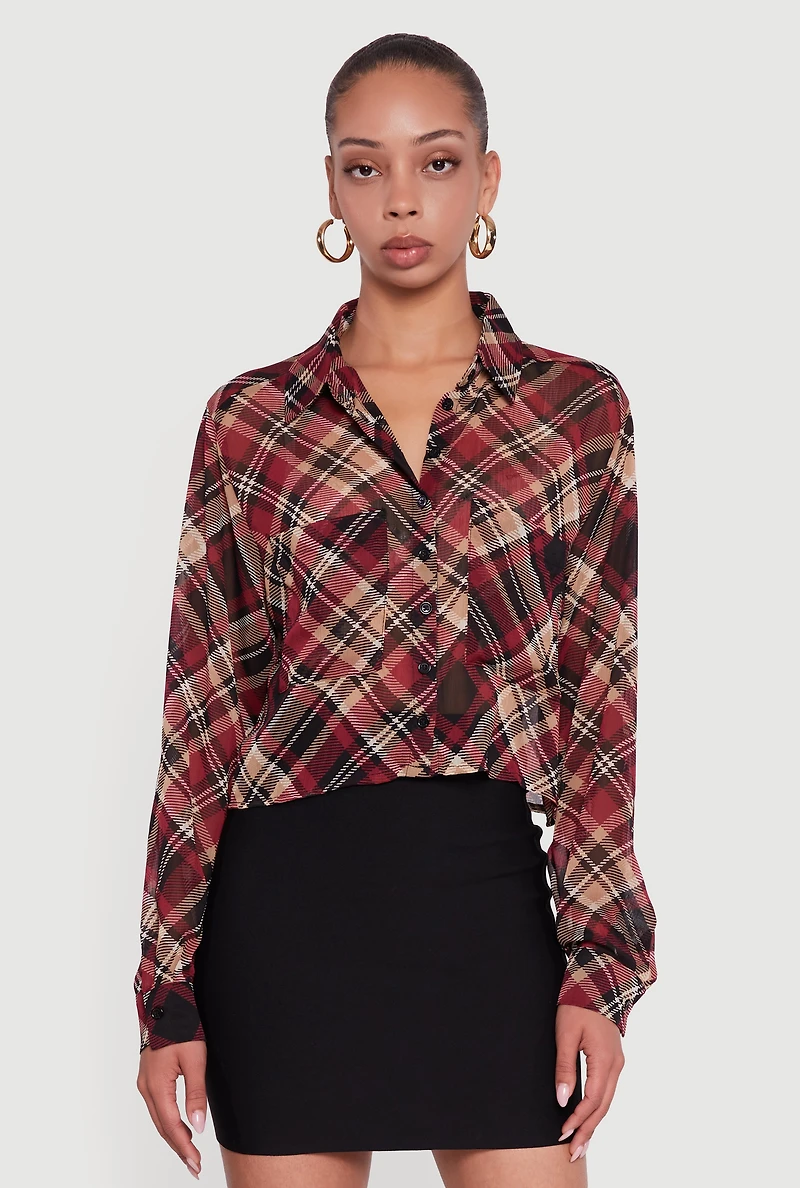 Womens Long Sleeve Plaid Button Front Shirt, Black, Size M