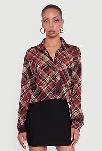 Womens Long Sleeve Plaid Button Front Shirt, Black, Size M