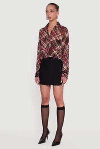 Womens Long Sleeve Plaid Button Front Shirt, Black, Size M