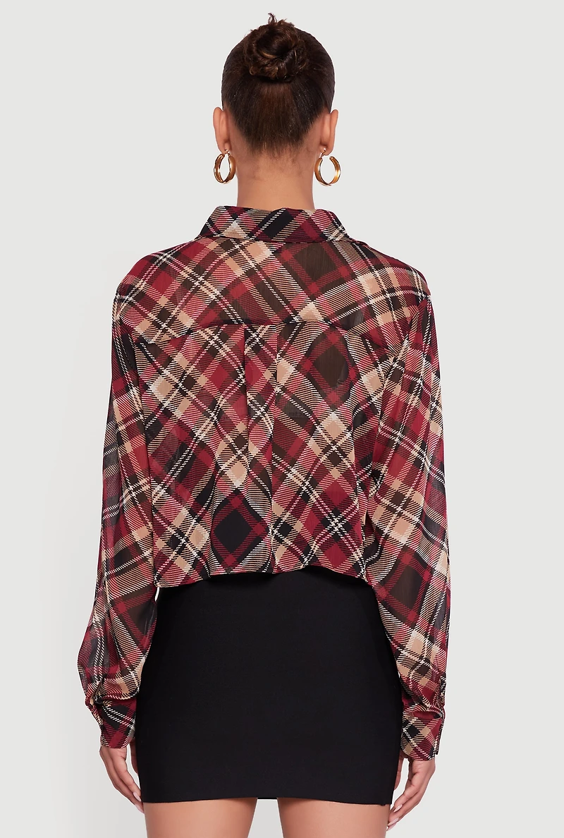 Womens Long Sleeve Plaid Button Front Shirt, Black, Size M