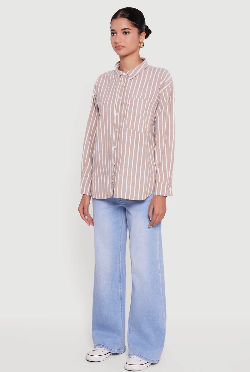 Womens Striped Poplin Button Front Long Sleeve Shirt, M