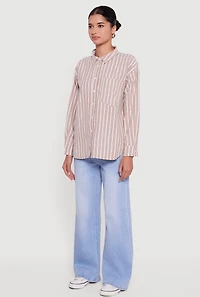Womens Striped Poplin Button Front Long Sleeve Shirt, M