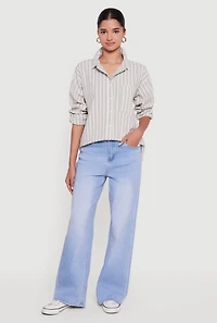 Striped Poplin Button Front Long Sleeve Shirt