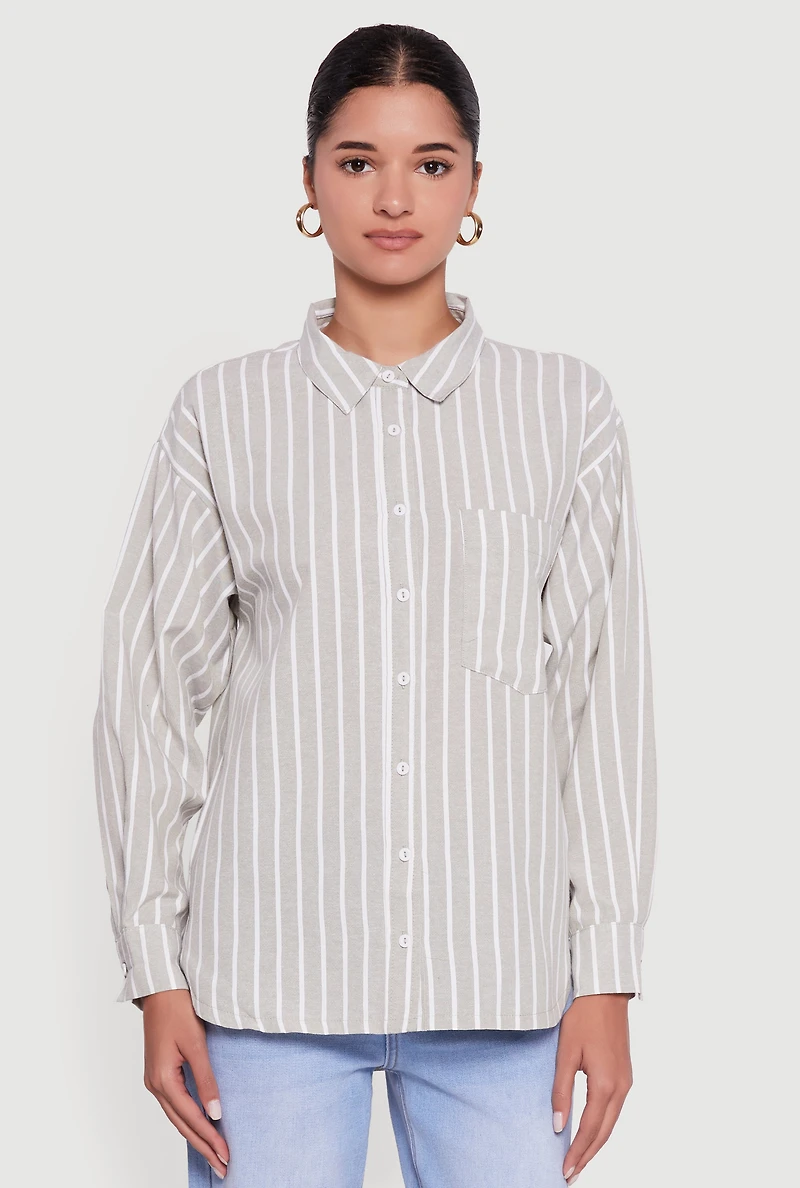 Striped Poplin Button Front Long Sleeve Shirt