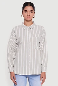 Striped Poplin Button Front Long Sleeve Shirt