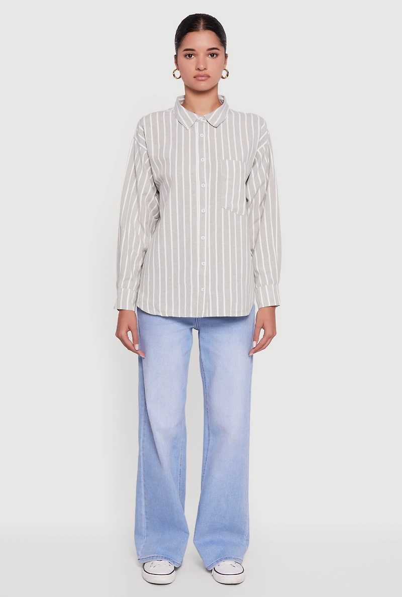 Striped Poplin Button Front Long Sleeve Shirt